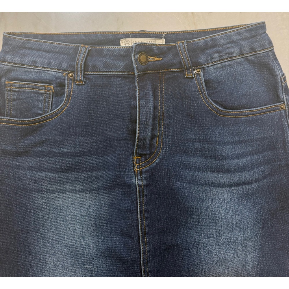 Angel Kiss Los Angeles Dark Wash‎ Denim Pencil Skirt Size M Whiskered Stretch - Picture 4 of 10